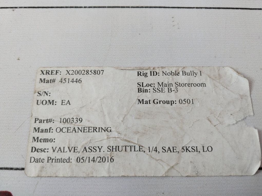 Oceaneering 100339 Rev-e 1/4 Shuttle Valve