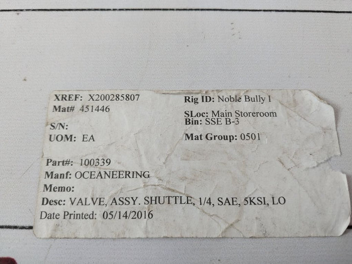 Oceaneering 100339 Rev-e 1/4 Shuttle Valve