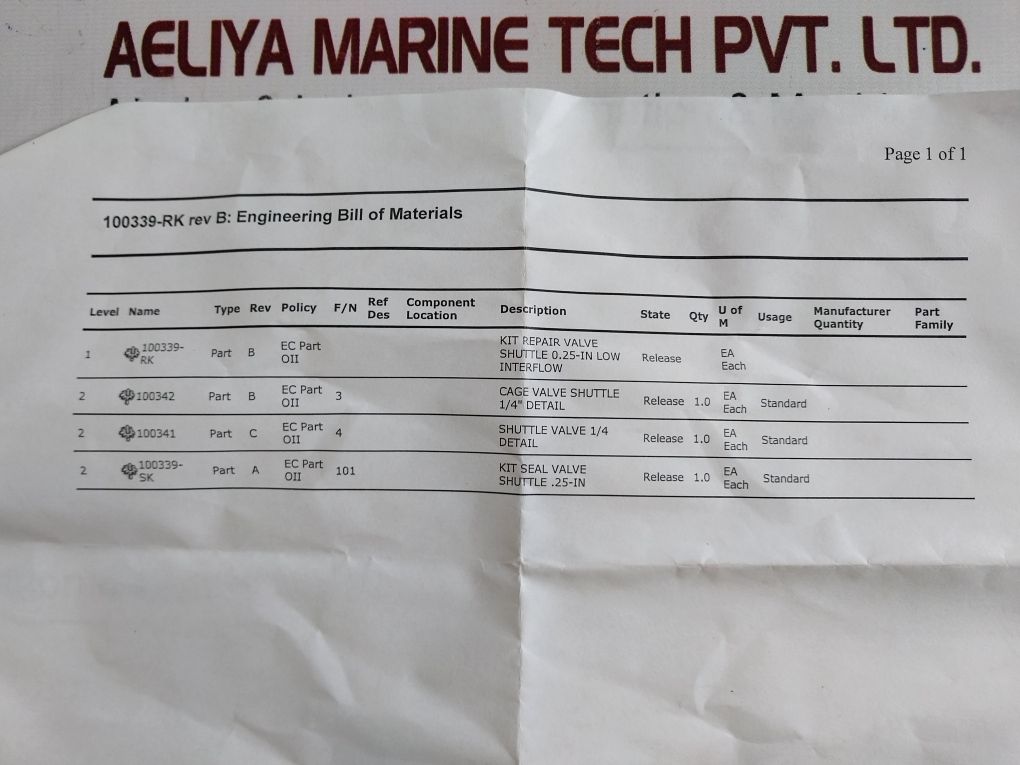 Oceaneering 100339-rk Rev B Shuttle Valve Repair Kit