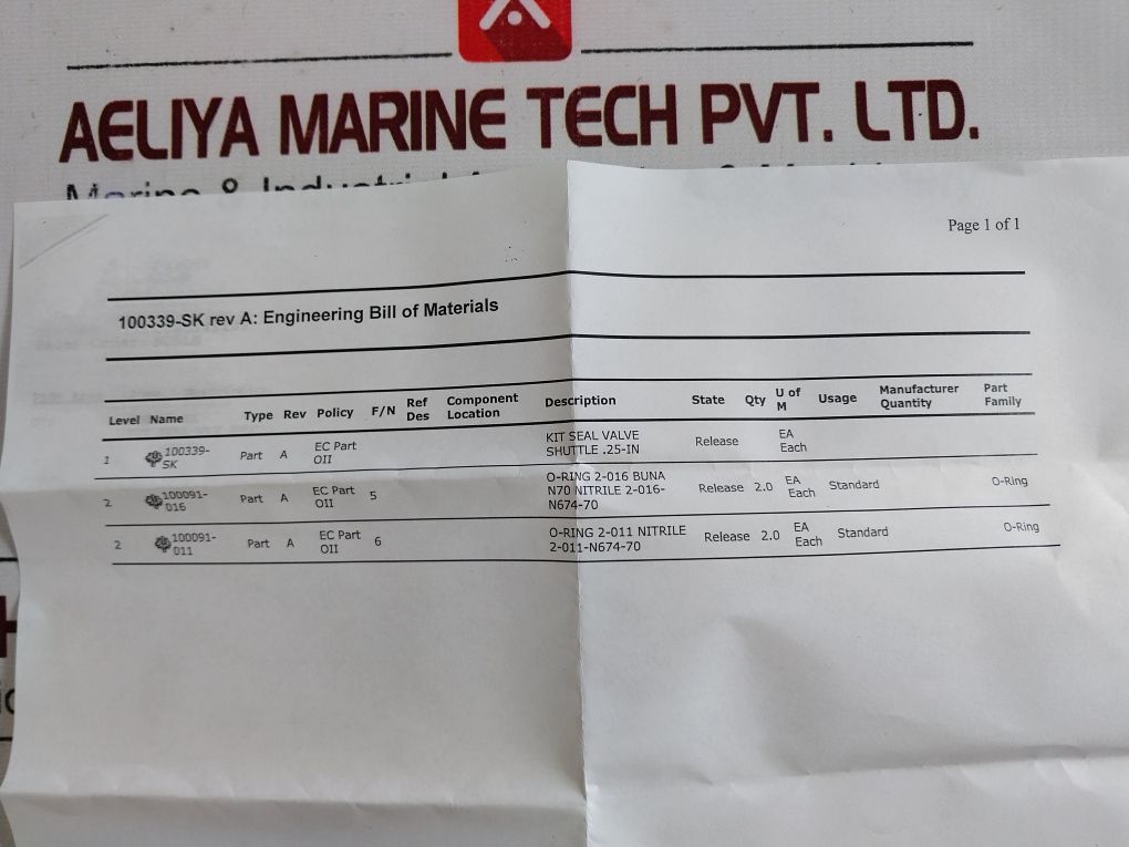 Oceaneering 100339-rk Rev B Shuttle Valve Repair Kit