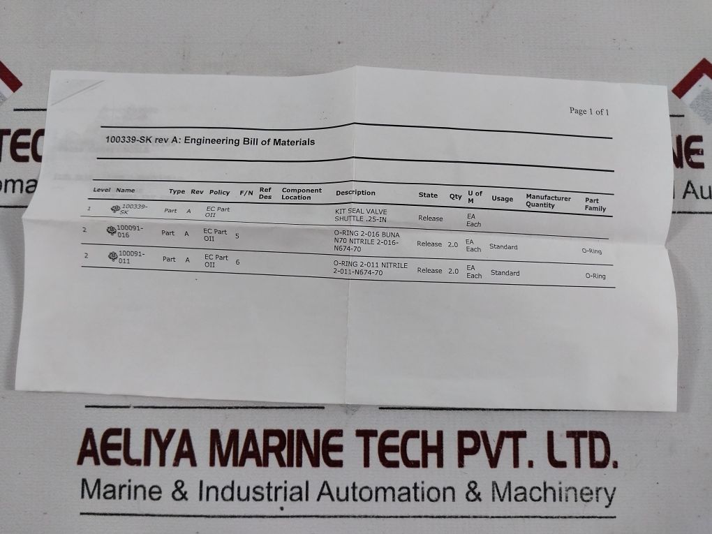 Oceaneering 100339-sk Rev: A Shuttle Valve Seal Kit