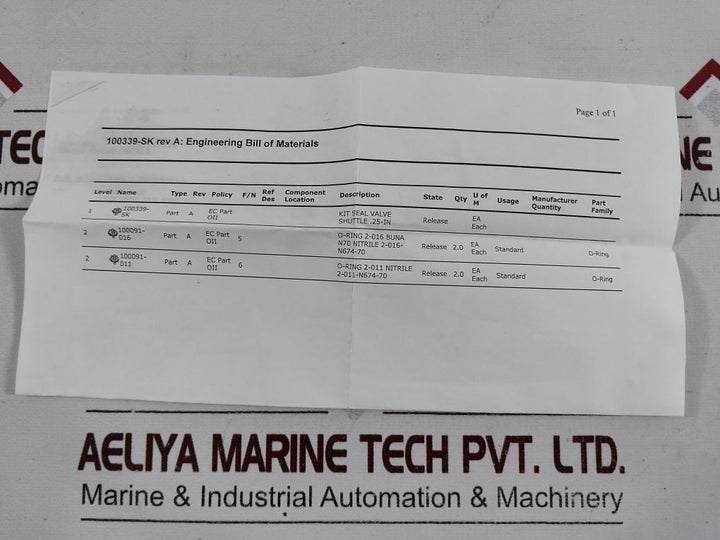 Oceaneering 100339-sk Rev: A Shuttle Valve Seal Kit