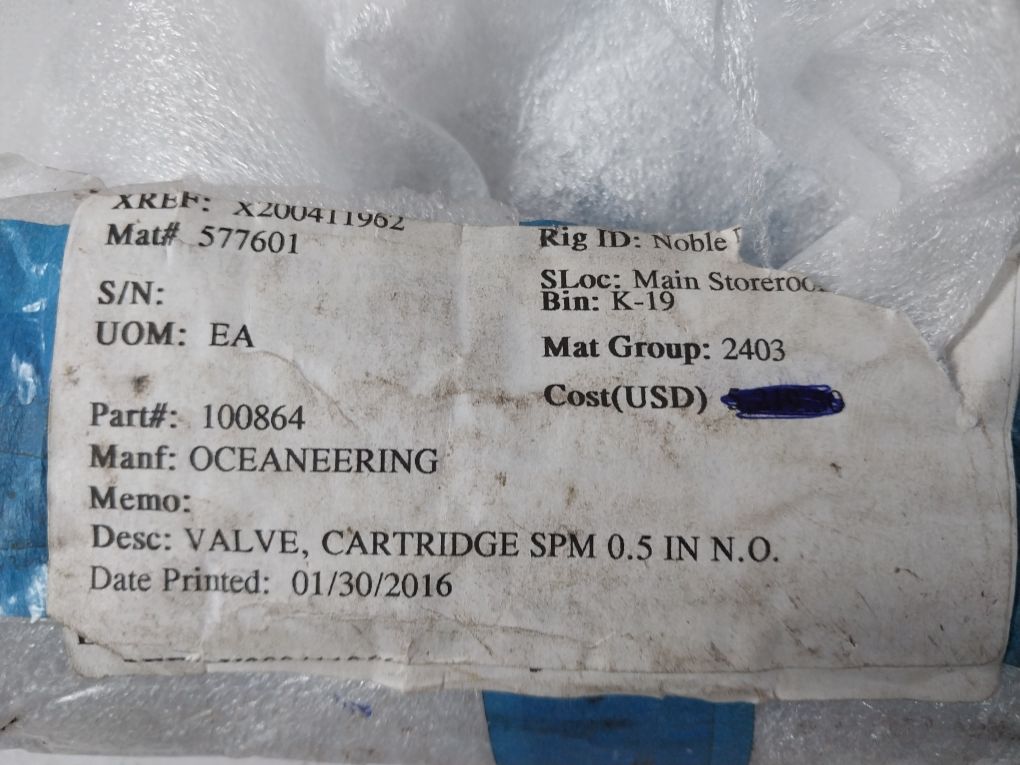 Oceaneering 100864 Cartridge Valve Set 100742E