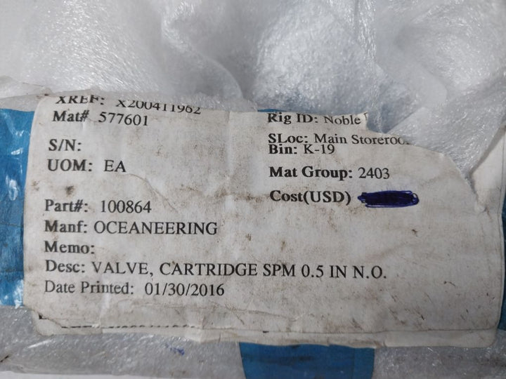 Oceaneering 100864 Cartridge Valve Set 100742E