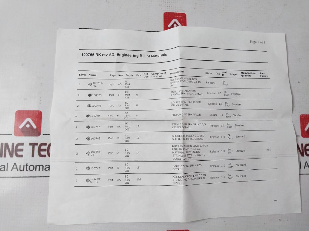 Oceaneering 100755-rk Kit Repair Valve Spm Normally-closed 0.5 In 3K