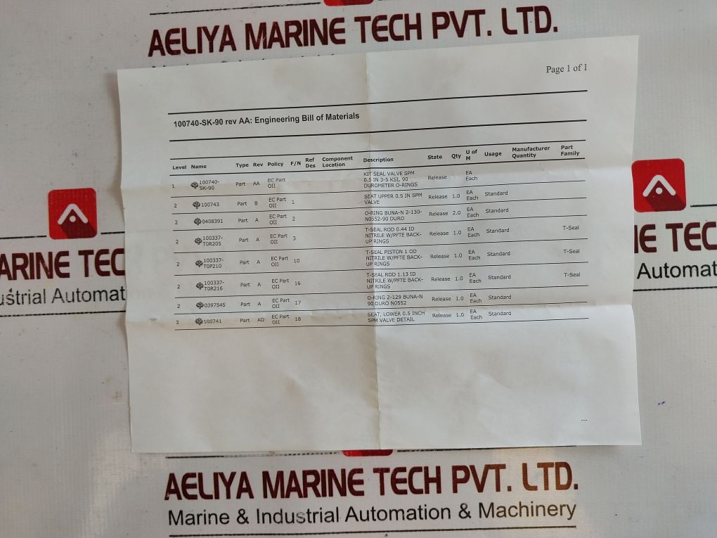 Oceaneering 100755-rk Kit Repair Valve Spm Normally-closed 0.5 In 3K