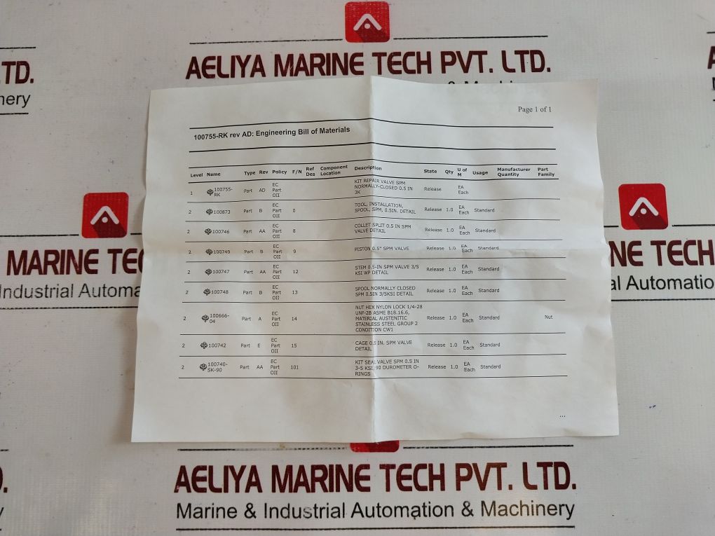 Oceaneering 100755-rk Kit Repair Valve Spm Normally-closed 0.5 In 3K
