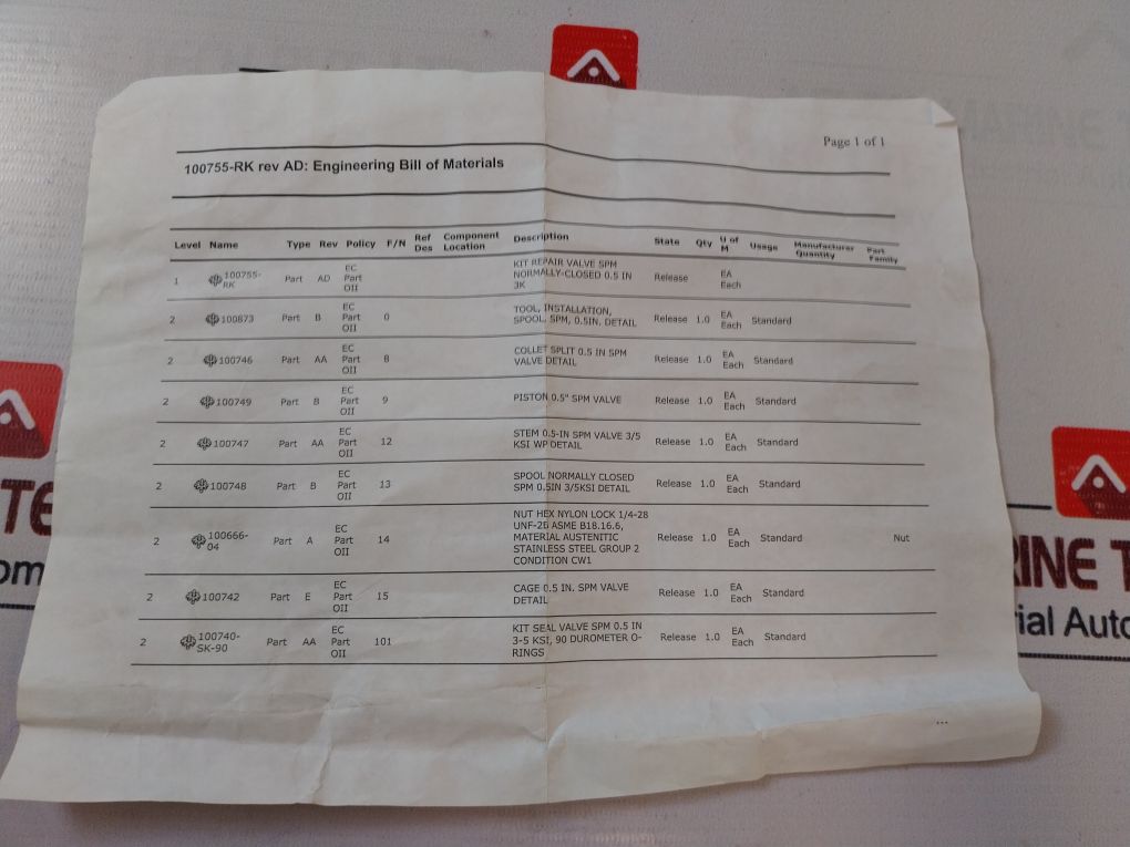 Oceaneering 100755-rk Repair Valve Kit