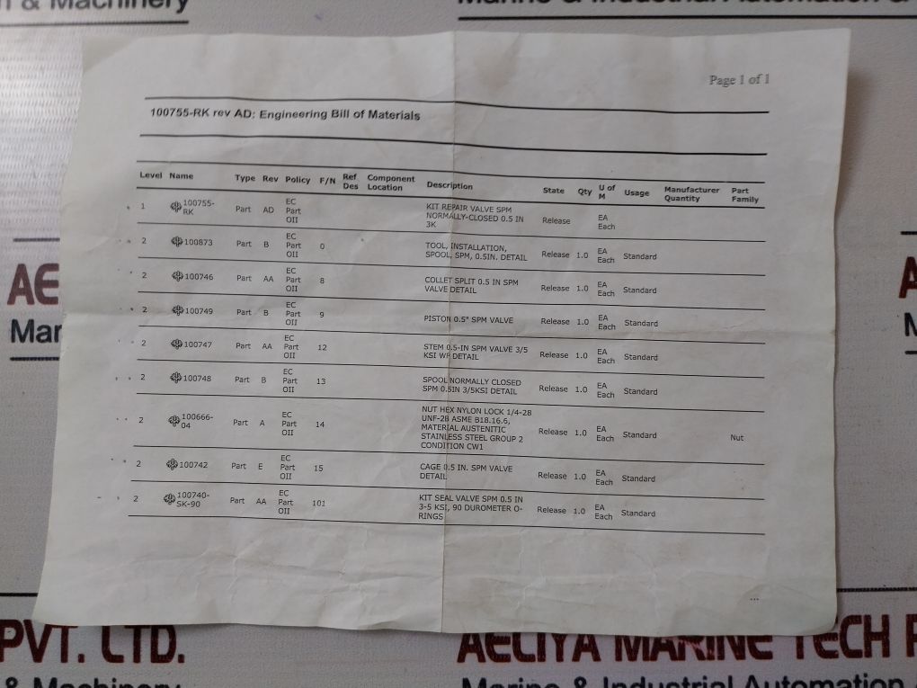 Oceaneering 100755-rk Spm Normally-closed 0.5In 3K Valve Repair Kit 100743