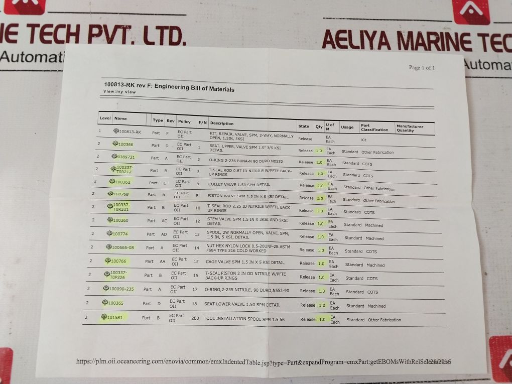Oceaneering 100813-rk Repair Valve Spm 2Wno 1.5 In 5K Kit