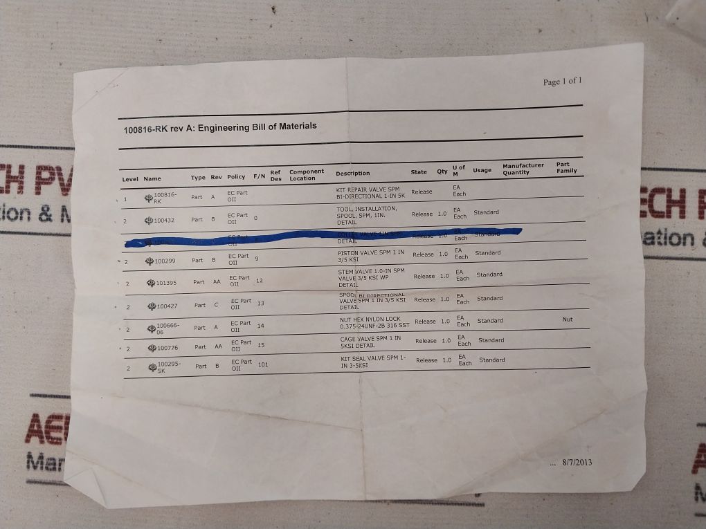 Oceaneering 100816-rk Valve Repair Kit 1-in 5K