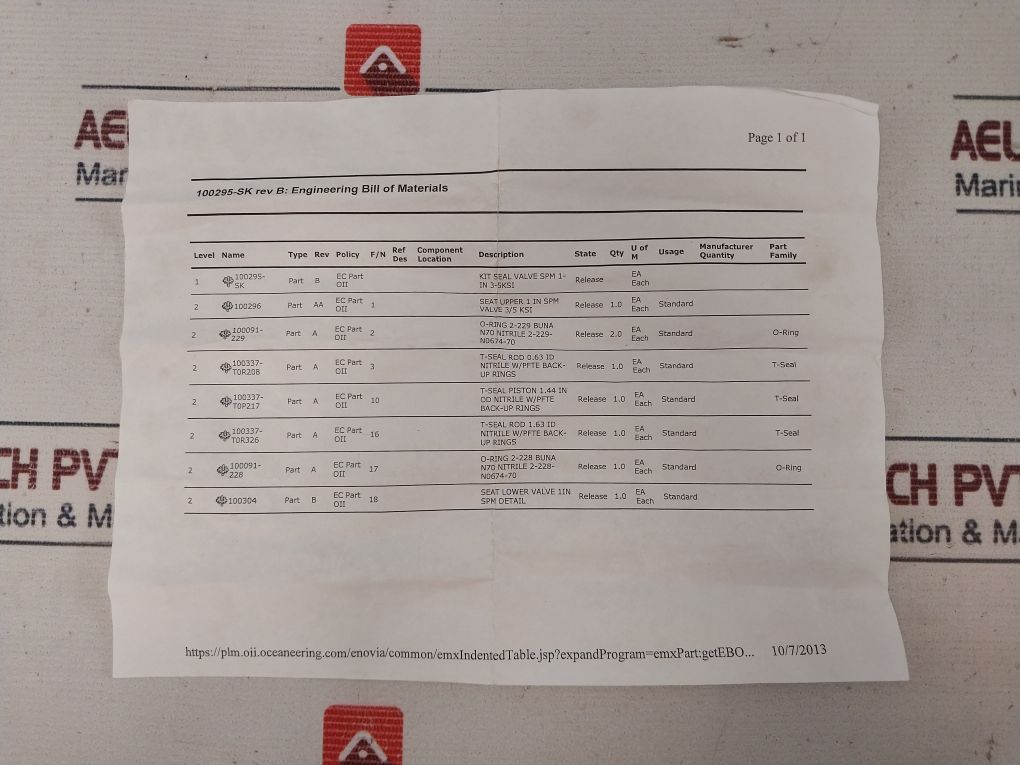 Oceaneering 100816-rk Valve Repair Kit 1-in 5K