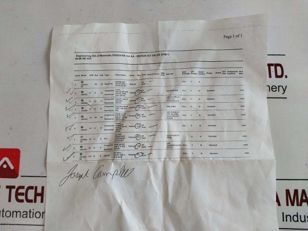 Oceaneering 100818-rk Repair Air Spm Valve Kit