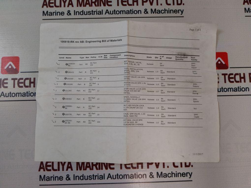 Oceaneering 100818-rk 90 Durometer Valve Repair Kit