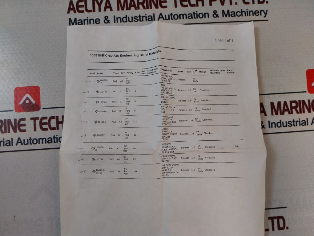Oceaneering 100818-rk 90 Durometer Valve Repair Kit