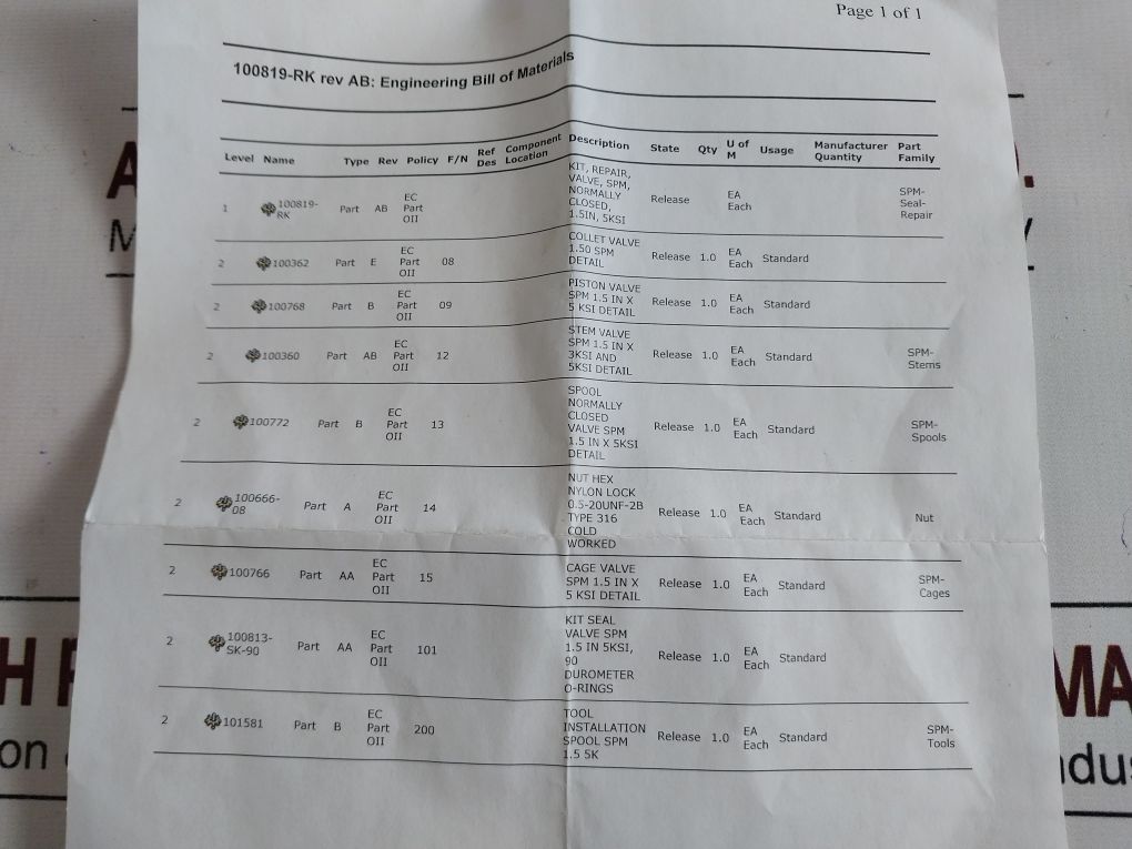 Oceaneering 100819Rk Valve Repair Kit