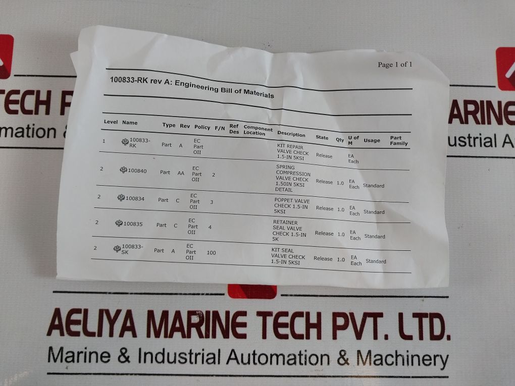 Oceaneering 100833-rk Check Valve Repair Kit