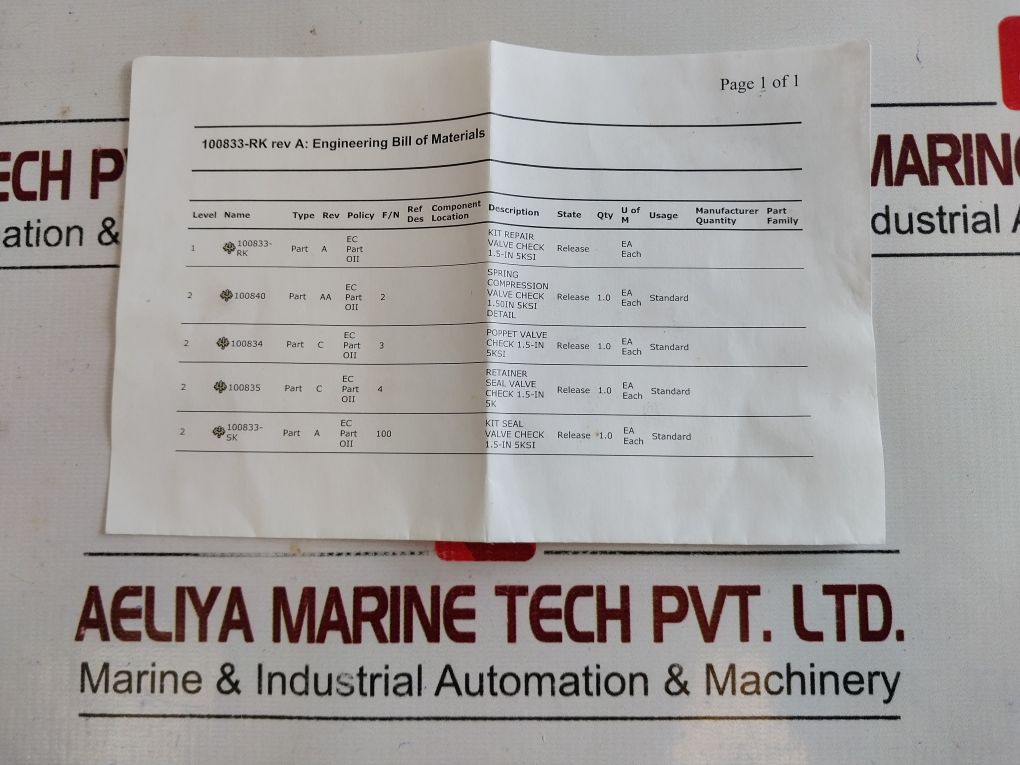 Oceaneering 100833-rk Repair Valve Check Kit