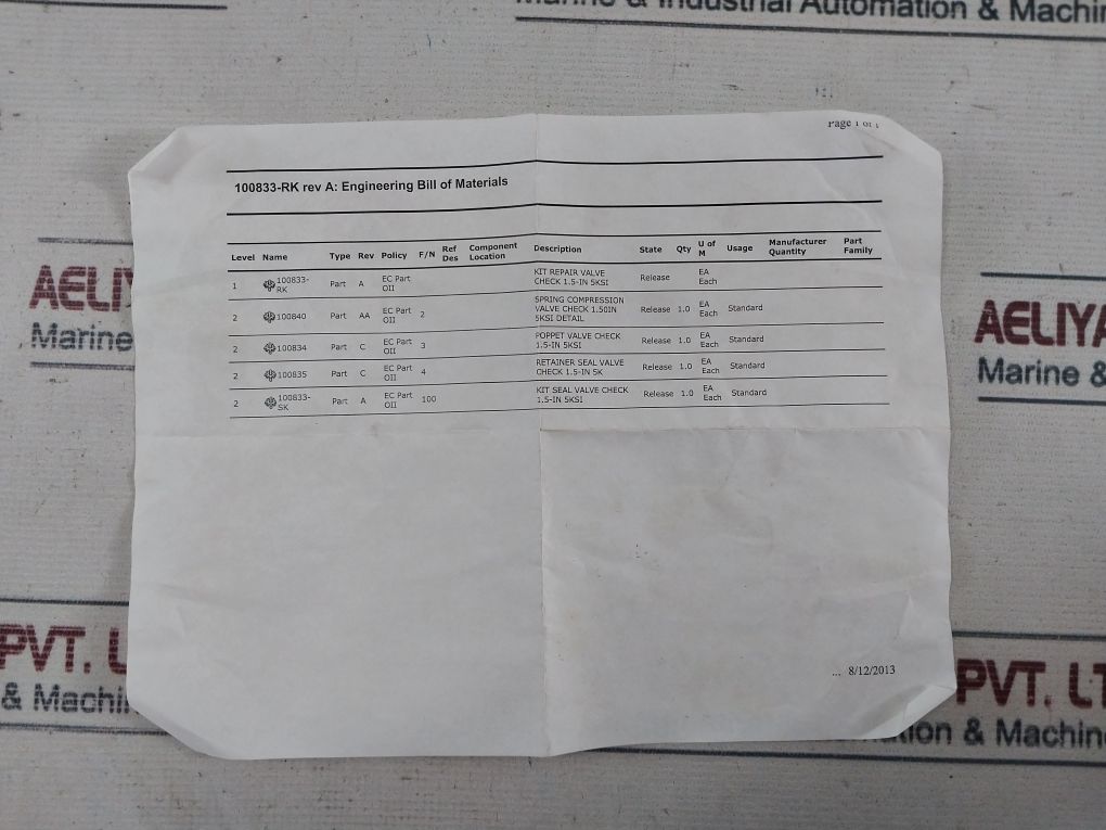 Oceaneering 100833-sk Check Valve Repair Kit