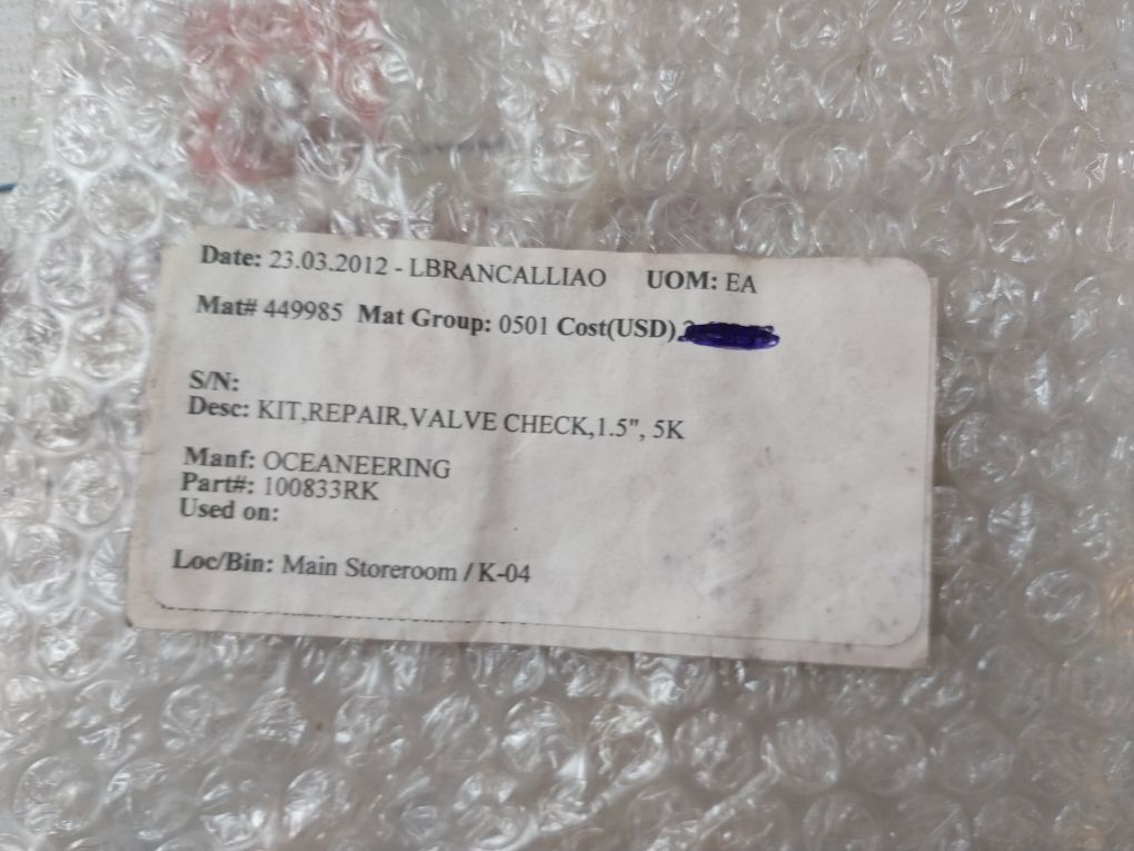 Oceaneering 100833-sk Check Valve Repair Kit Rev.B