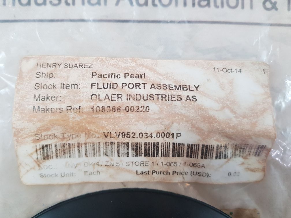 Olaer 108386-00220 Fluid Port Assembly With F1801
