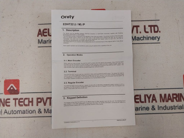 Onity Edht22I Manual Insertion Encoder