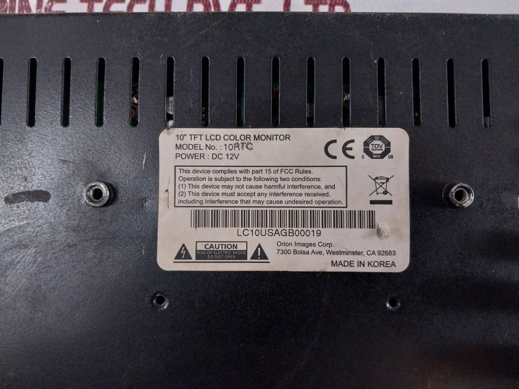Orion 10Rtc 10” Tft Lcd Color Monitor 12V Dc (Not Working)