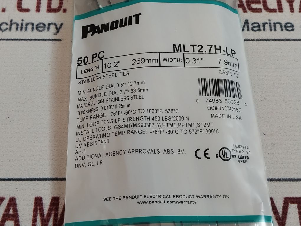 Box Of 50X Panduit Mlt2.7H-lp Stainless Steel Cable Tie