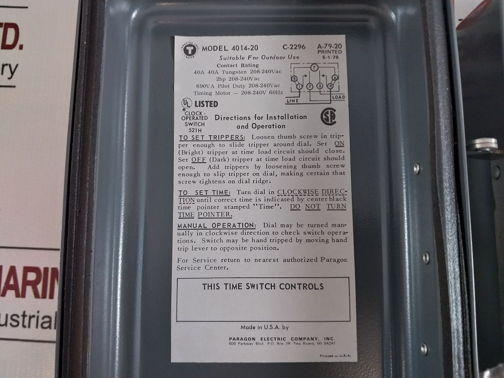 Paragon Electric 4014-20 Timer