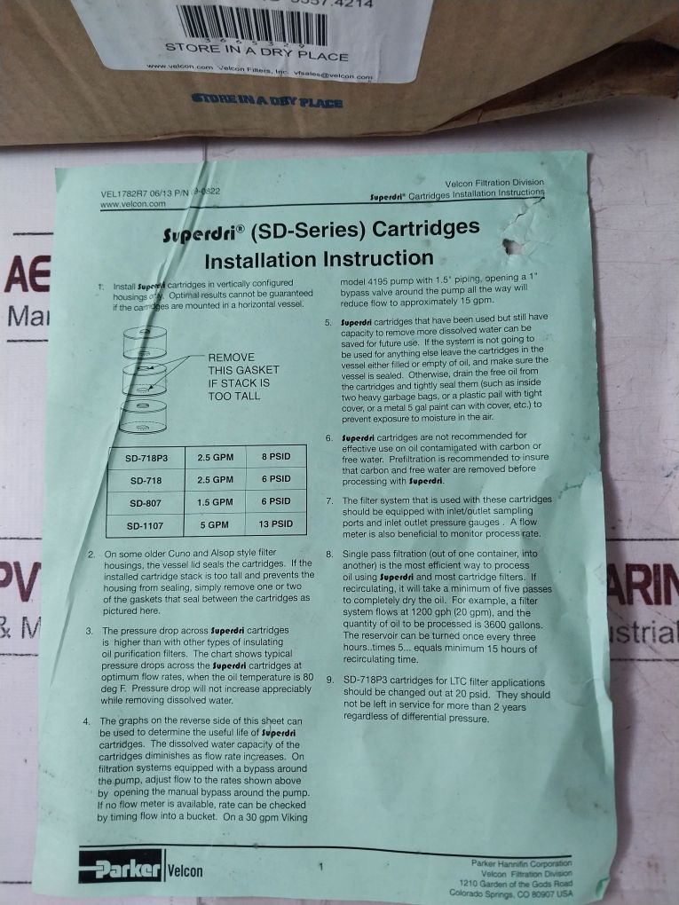 Parker-velcon Sd-1107 5 Gpm Per Cartridge