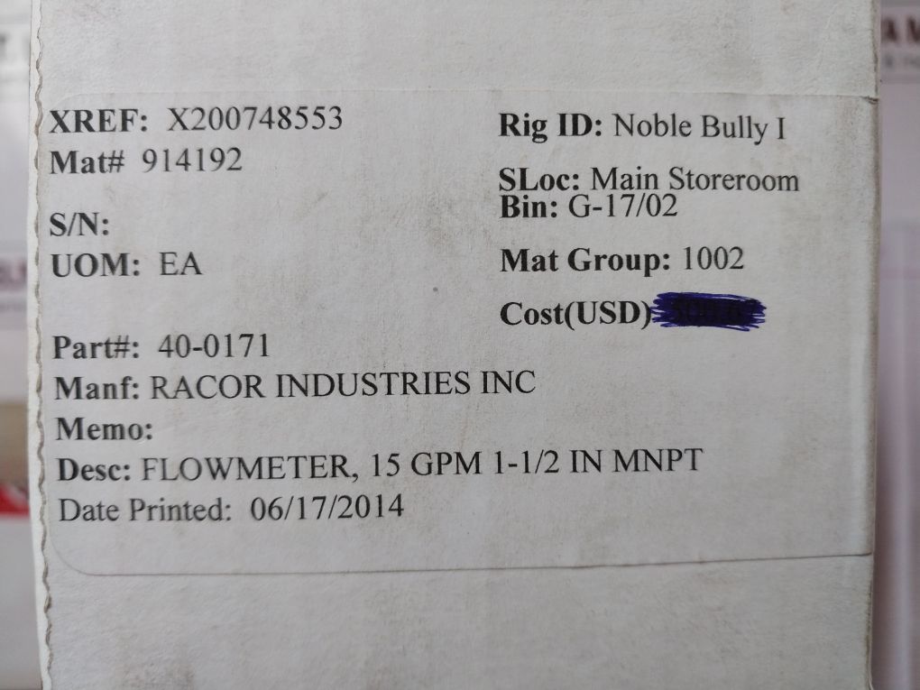 Parker 40-0171 Flowmeter 15 Gpm/56.25 Lpm, 1.5
