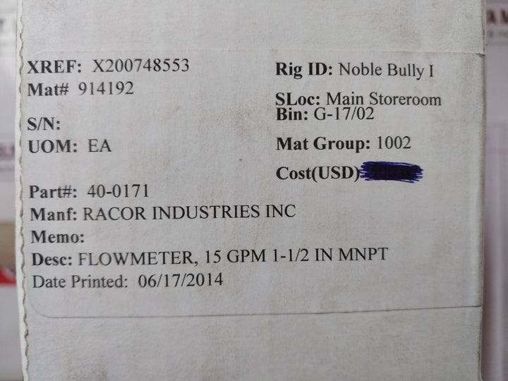 Parker 40-0171 Flowmeter 15 Gpm/56.25 Lpm, 1.5