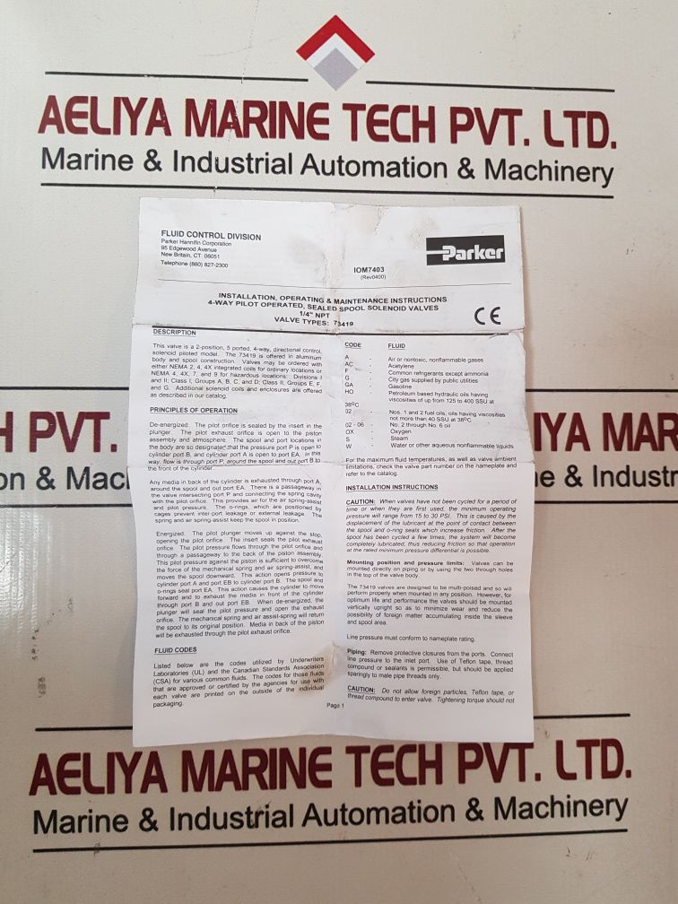 Parker 73419An2Nnm0 Skinner Valve Free Shipping By Express