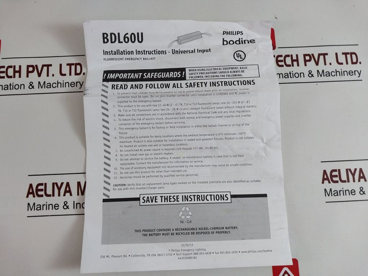 Philips Bdl60U Emergency Light Ballast Rev 1.0