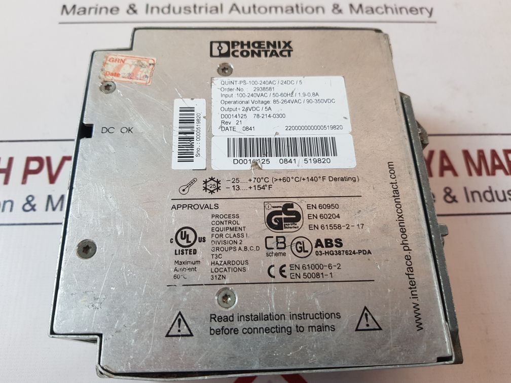 Phoenix Contact 2938581 Quint Power Supply Quint-ps-100-240Ac/24Dc/5