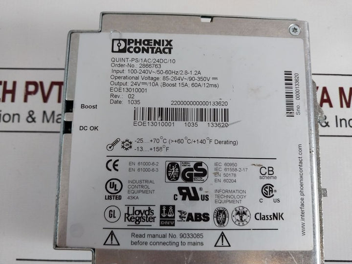 Phoenix Contact Quint-ps/1Ac/24Dc/10 Power Supply Rev 02
