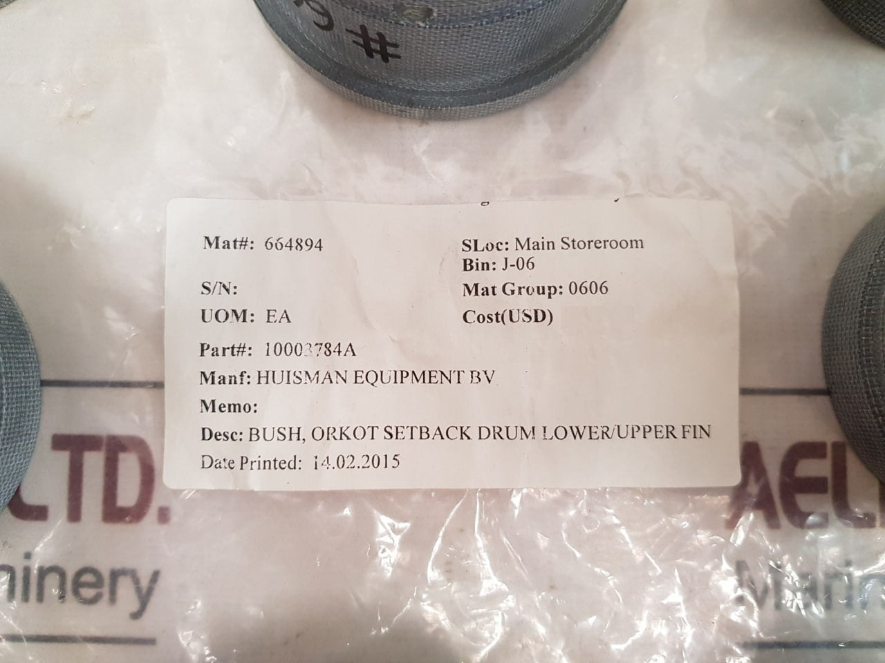 Set Of 8X Huisman 664894 Bush, Orkot Setback Drum Lower/Upper Fin 10003784A