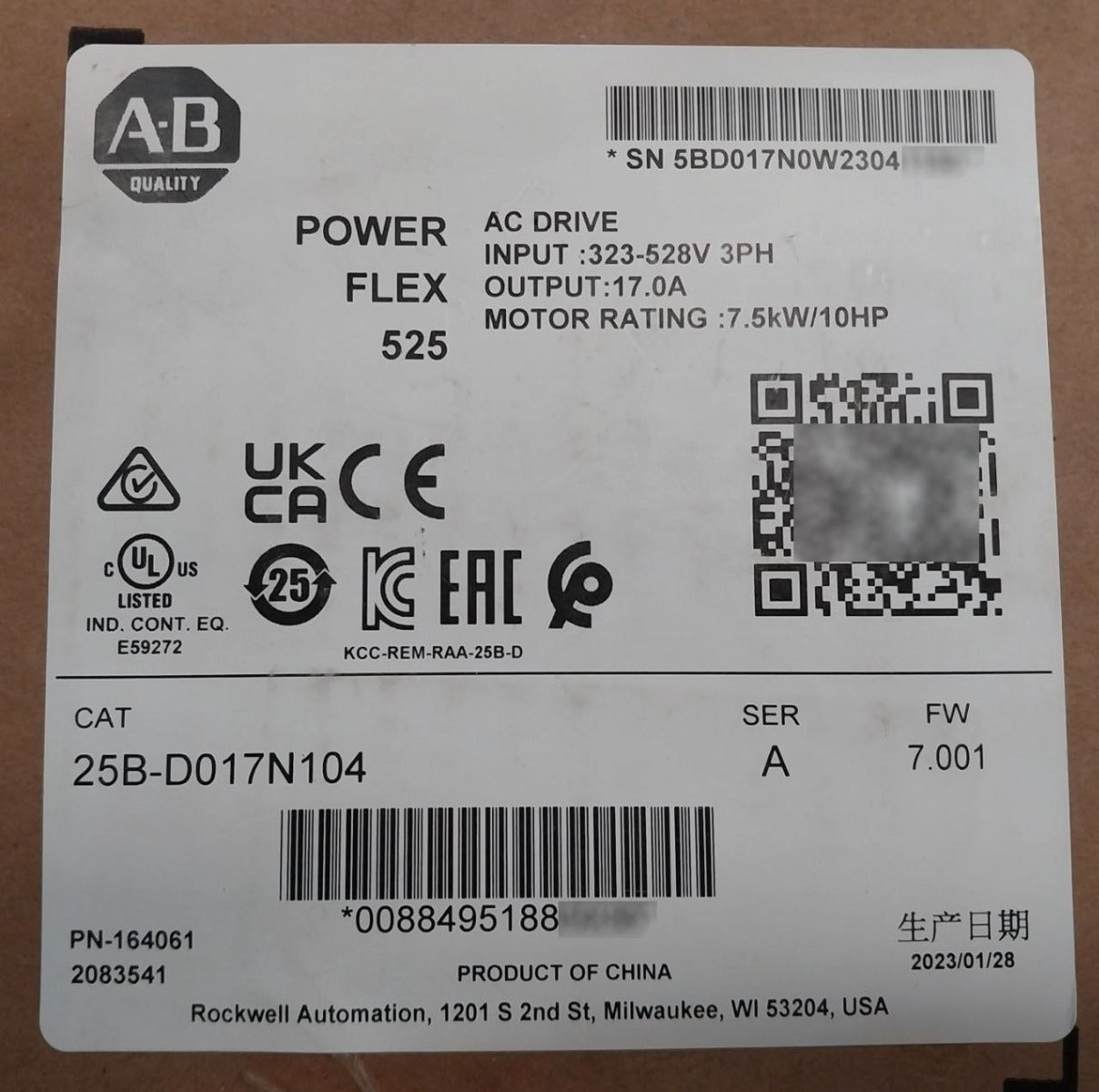 Allen-bradley 25B-d017N104 Ser A Power Flex 525 Ac Drive 7.5Kw 10Hp Sealed Pack