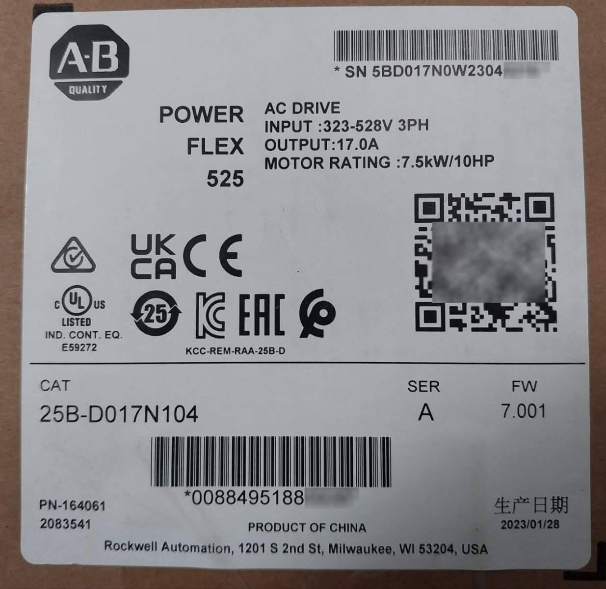 Allen-bradley 25B-d017N104 Ser A Power Flex 525 Ac Drive 7.5Kw 10Hp Sealed Pack