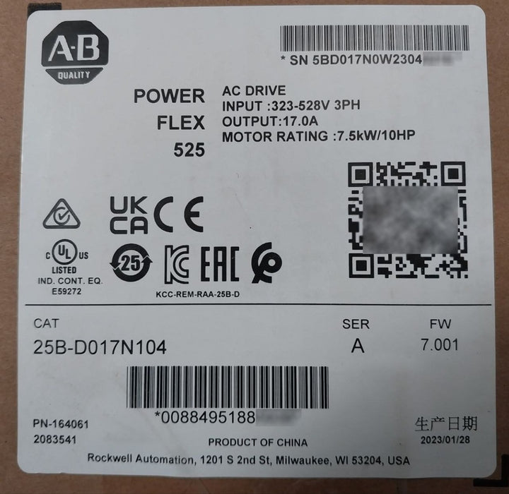 Allen-bradley 25B-d017N104 Ser A Power Flex 525 Ac Drive 7.5Kw 10Hp Sealed Pack