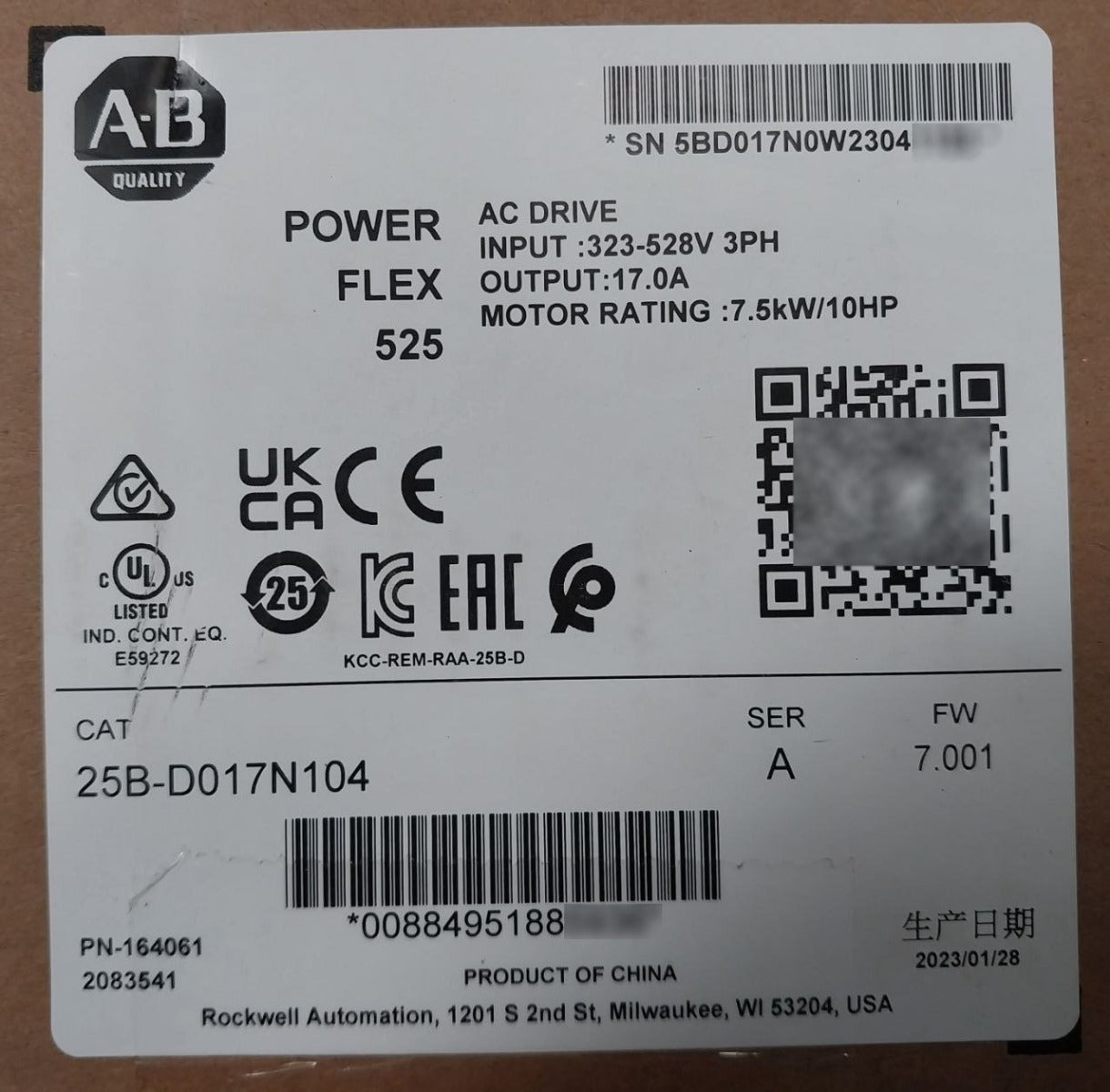 Allen-bradley 25B-d017N104 Ser A Power Flex 525 Ac Drive 7.5Kw 10Hp Sealed Pack