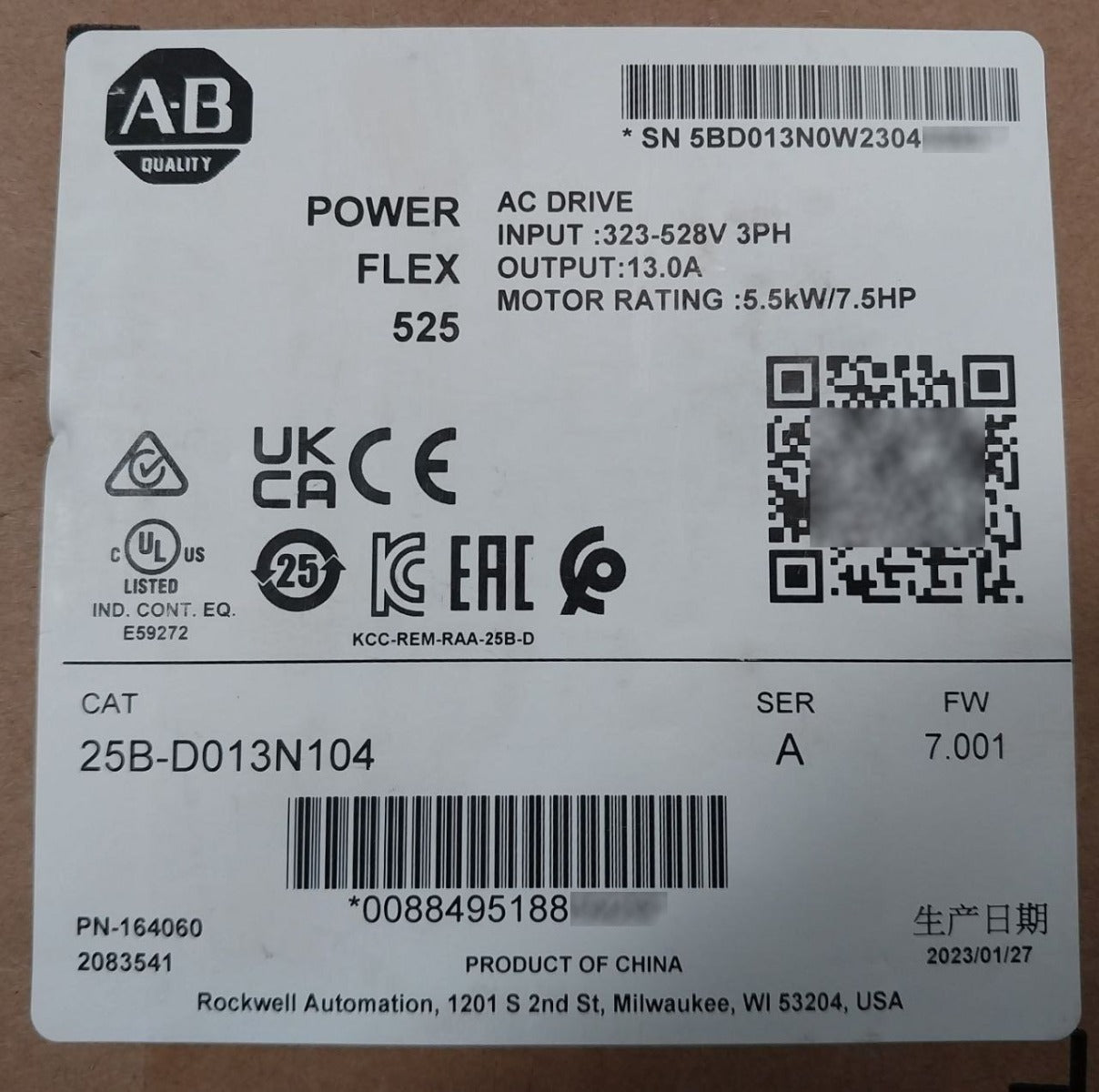 Sealed Pack Allen-bradley 25B-d013N104 Ser A Powerflex 525 Ac Drive 5.5Kw 7.5Hp