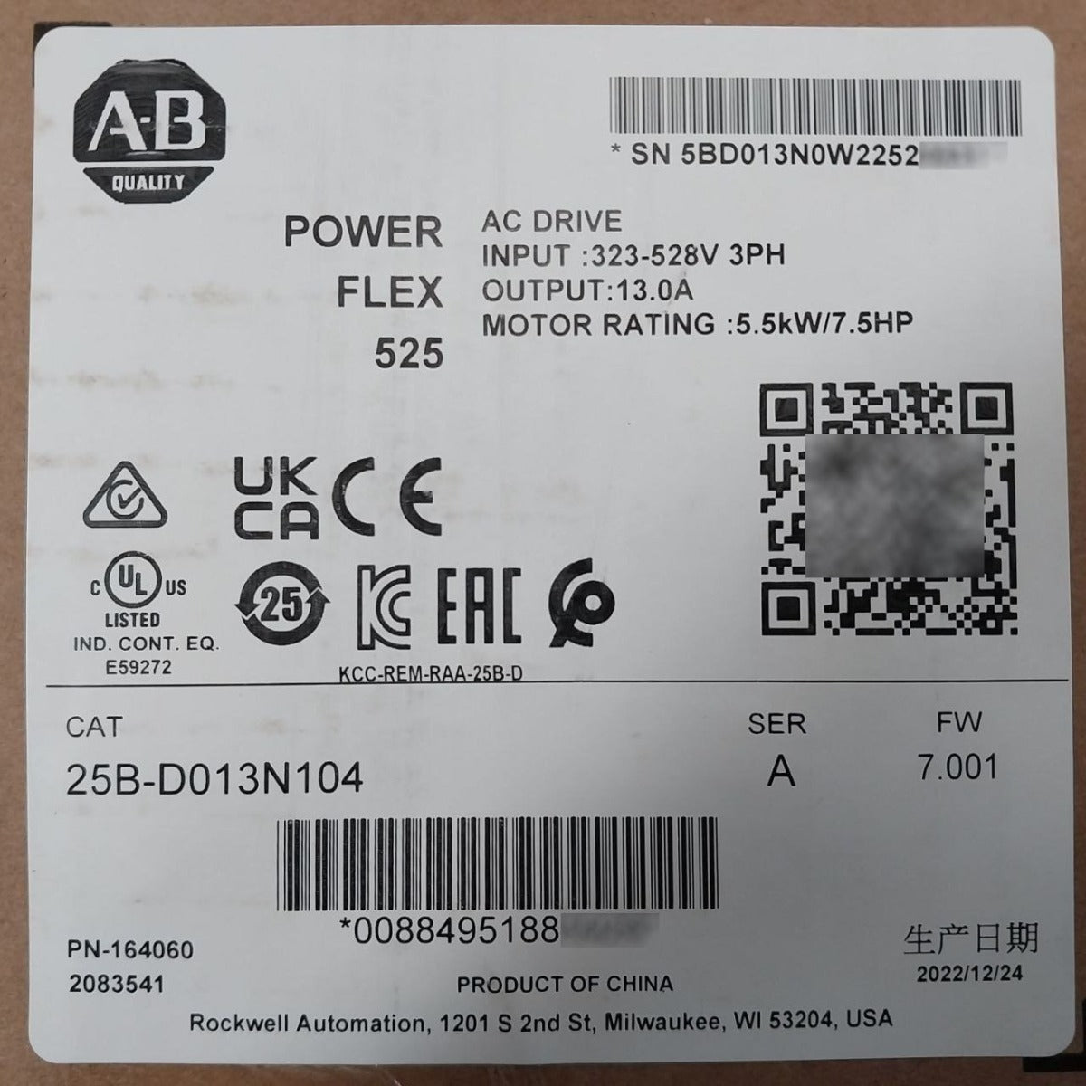Sealed Pack Allen-bradley 25B-d013N104 Ser A Powerflex 525 Ac Drive 5.5Kw 7.5Hp