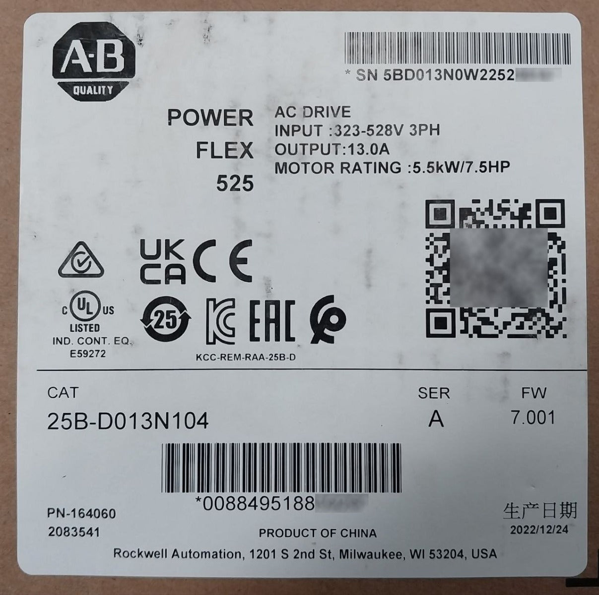 Sealed Pack Allen-bradley 25B-d013N104 Ser A Powerflex 525 Ac Drive 5.5Kw 7.5Hp