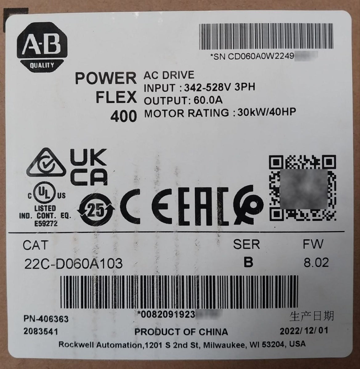 Allen-bradley 22C-d060A103 Powerflex 400 30 Kw 40 Hp Ac Drive