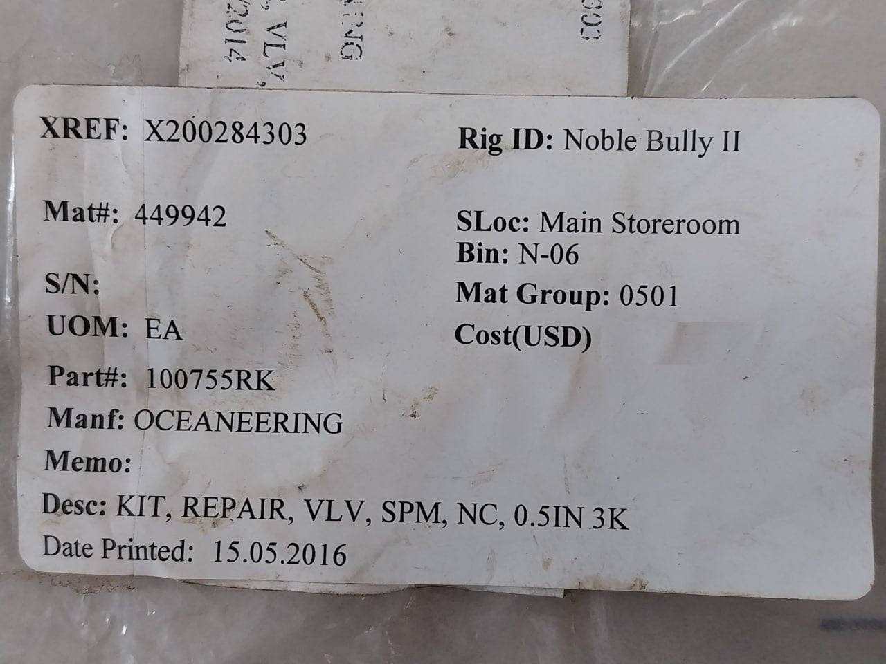 Oceaneering 100755-rk Repair Valve Kit