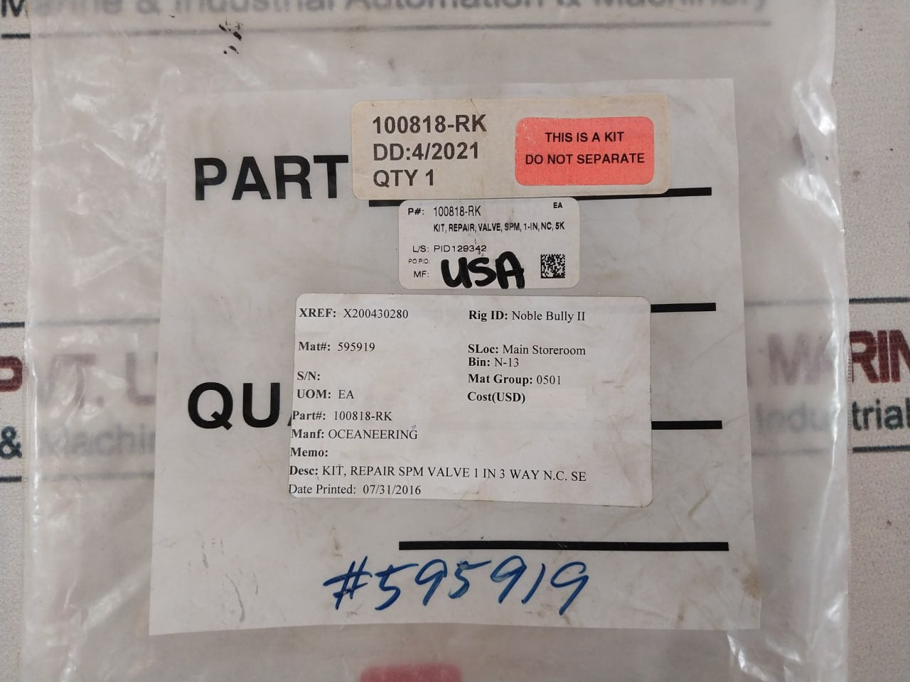 Oceaneering 100818-rk Valve Repair Kit