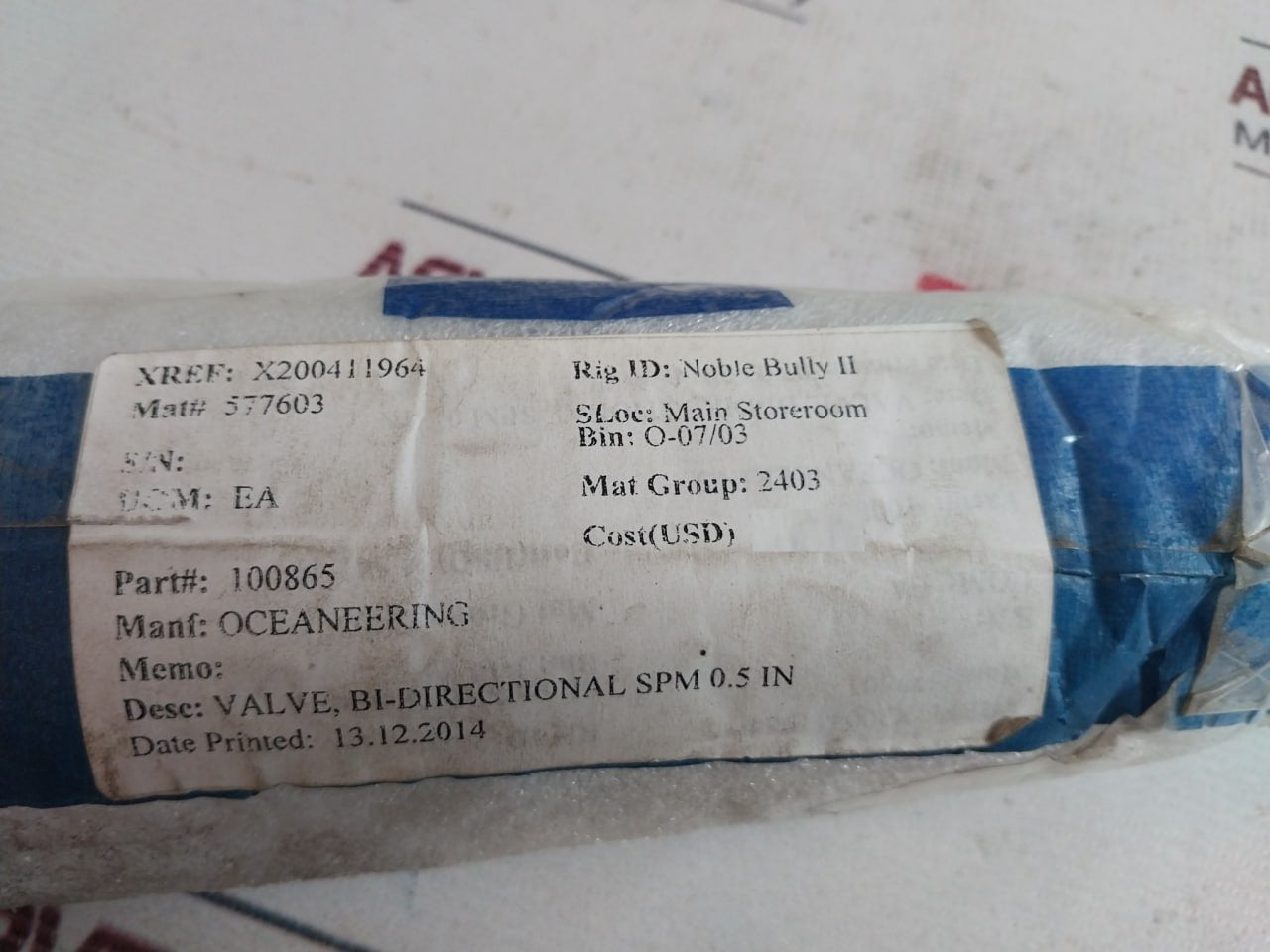 Oceaneering 100865 Assy Cartridge Valve