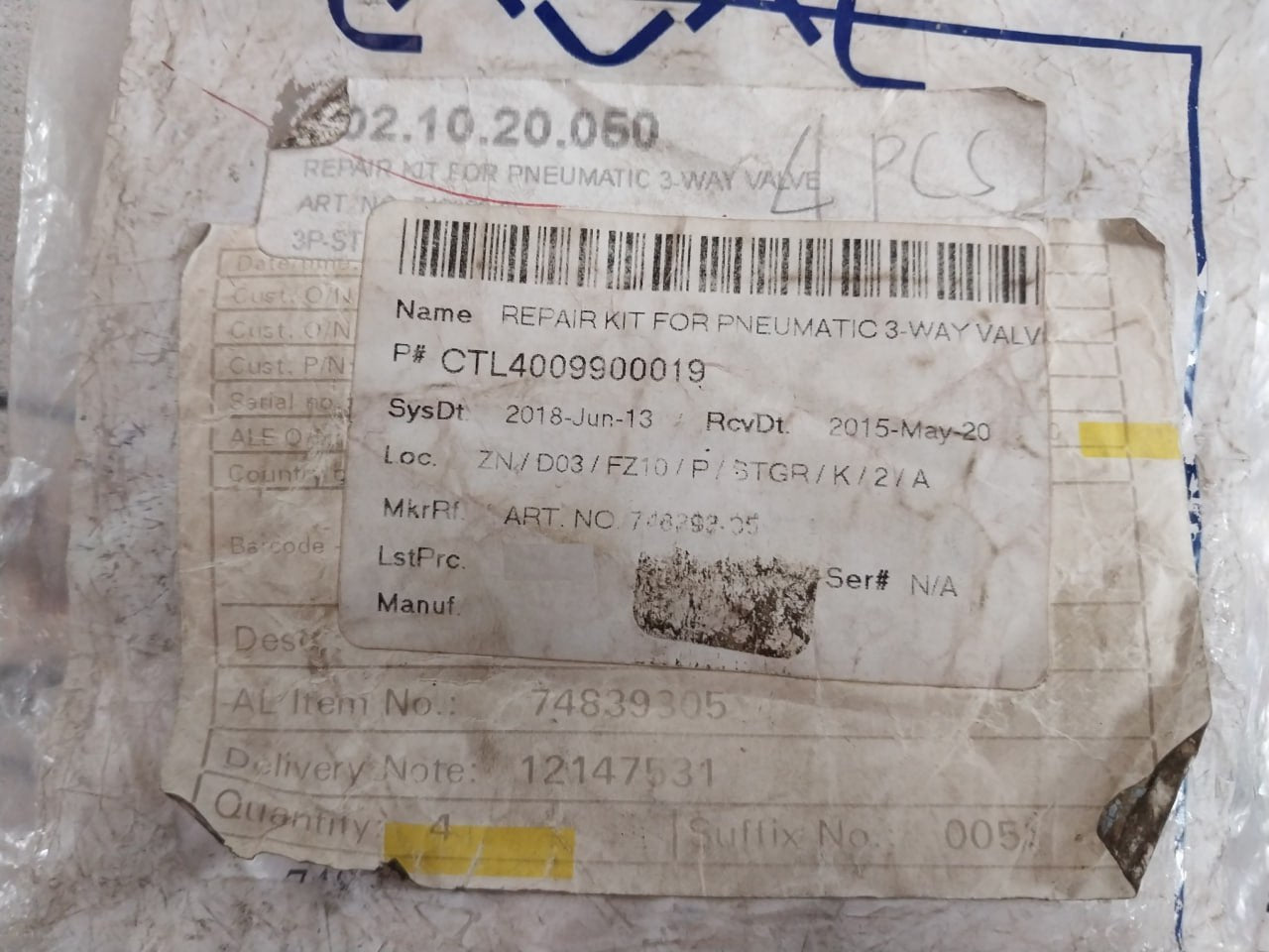 Alfa Laval 748393-05 Repair Kit For Pneumatic 3-way Valve