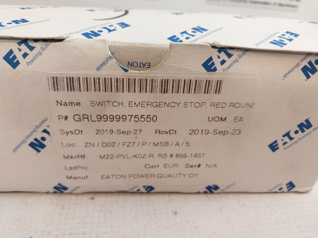 Eaton M22-pvl Emergency Stop Red Switch 